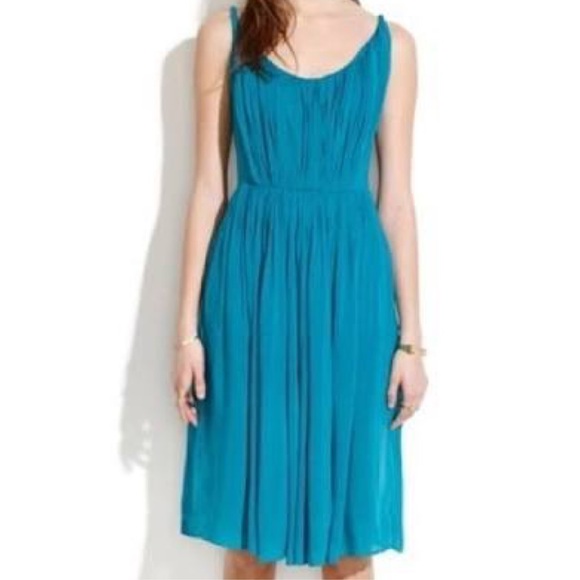 Madewell Teal Sun Isle Short Casual MIDI Pleated Dress Bright Blue Royal